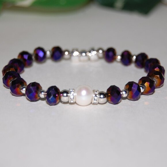 Freshwater Pearl Bracelet,Purple Bracelet,Pearl and Purple Glass Beads Bracelet - Picture 1 of 4
